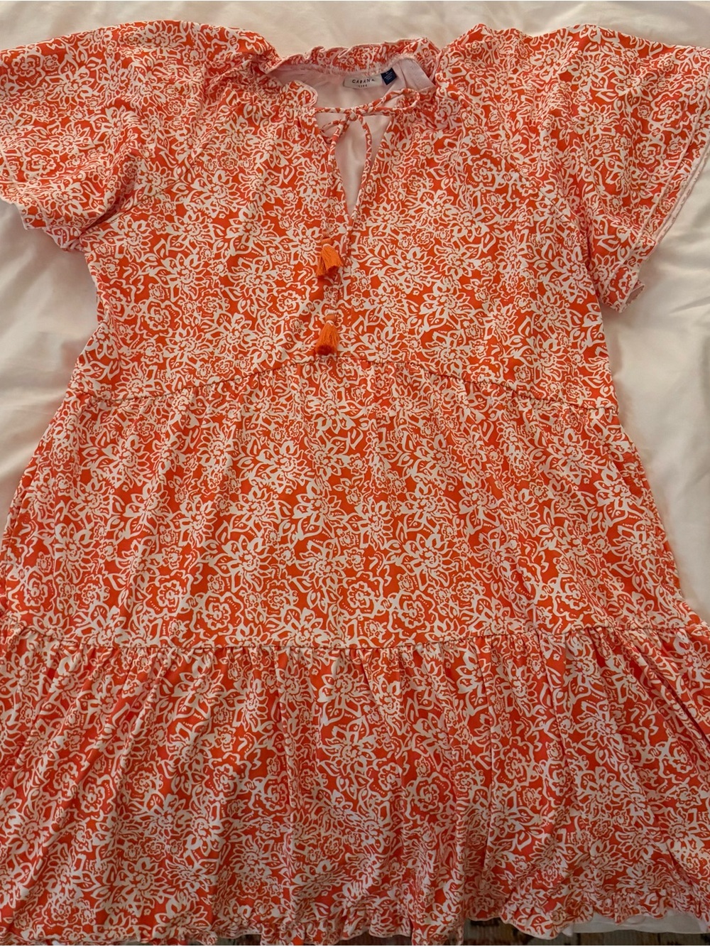 Cabana Life Orange and White Floral Game Day Tiered Dress with Tassel Detail